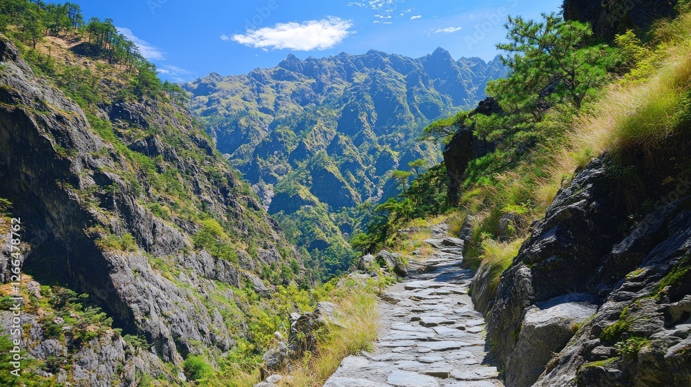 Fototapeta premium Majestic Mountain Trail: A Breathtaking Hike Through Rugged Terrain