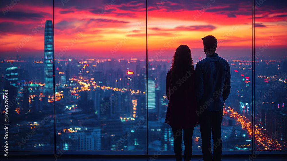 Fototapeta premium Couple admiring a stunning cityscape from a high observation deck at dusk