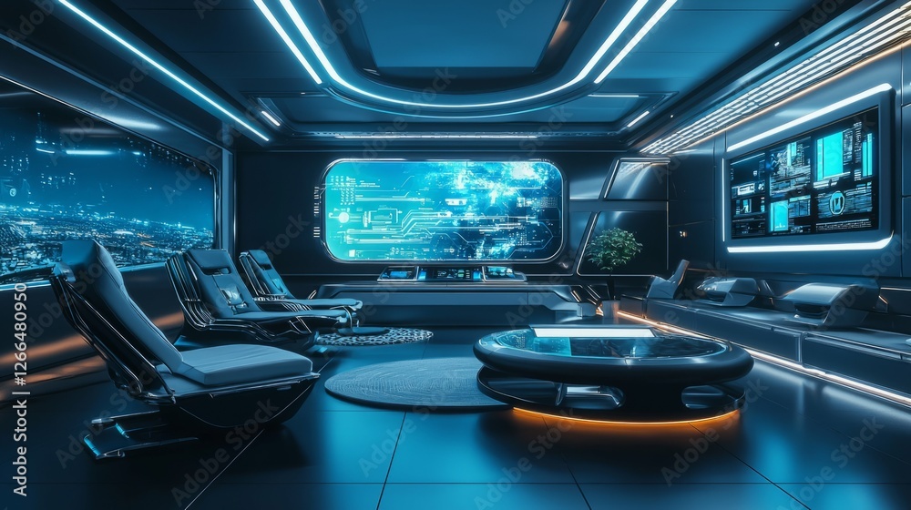 Futuristic Control Room Interior with Advanced Technology and Views Futuristic Control Room Interior with Advanced Technology and Views