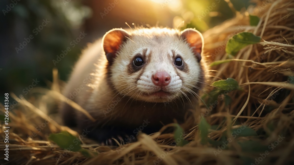A close-up of a ferret resting on hay, illuminated by soft sunlight. A close-up of a ferret resting on hay, illuminated by soft sunlight.