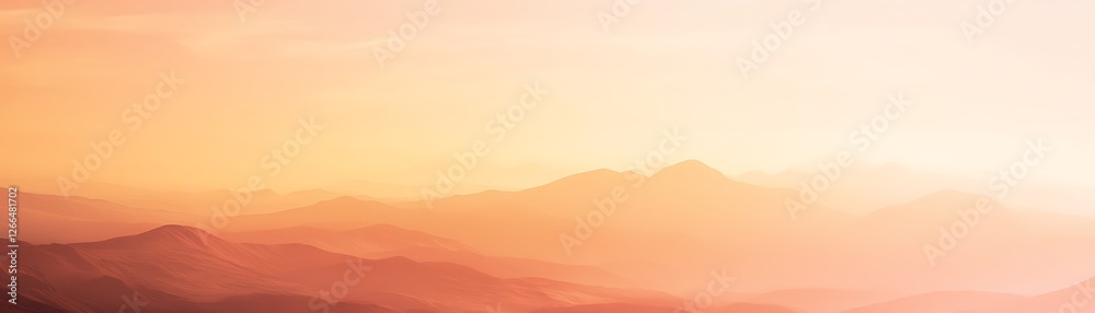 A serene view of distant mountains during sunset, with soft hues blending in the sky. The warm colors create a tranquil atmosphere, perfect for nature lovers and peace seekers.
