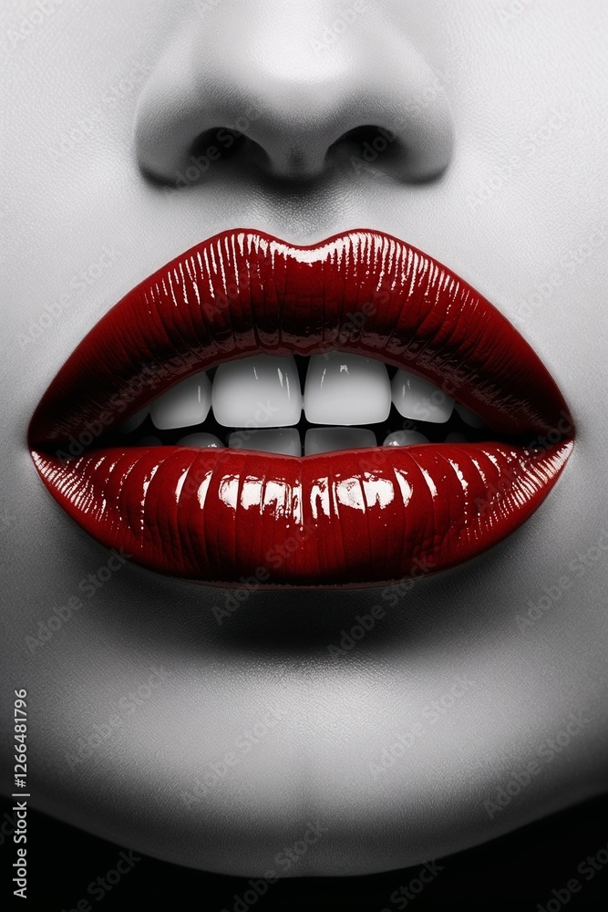 Fototapeta premium Dramatic black and white close-up of glossy red lips showcasing beauty and elegance in fashion photography