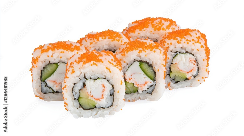Delicious California Roll Sushi Featuring Fresh Crab, Creamy Avocado, and Crisp Cucumber Wrapped in Nori and Sushi Rice. Delicious California Roll Sushi Featuring Fresh Crab, Creamy Avocado, and Crisp Cucumber Wrapped in Nori and Sushi Rice.