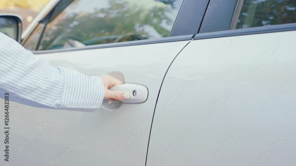 Hand holding smart car handle and opening a door. Transport, travel, service and car rental concept Hand holding smart car handle and opening a door. Transport, travel, service and car rental concept