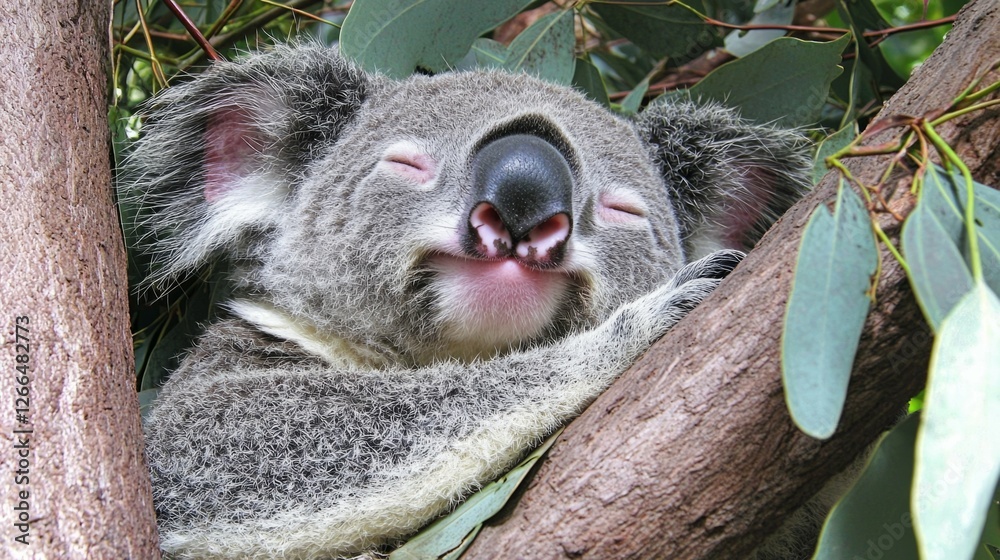 Obraz premium Sleeping Koala Bear Nestled in Tree Branch Surrounded by Leaves