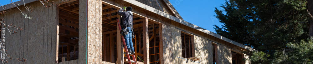 Carpenter up on an extension ladder using a hammer for detail work on new home construction, working on exterior wall with wood plywood OSB, Oriented Strand Board, sunny winter day on job site
Carpenter up on an extension ladder using a hammer for detail work on new home construction, working on exterior wall with wood plywood OSB, Oriented Strand Board, sunny winter day on job site