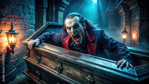 Dark gothic horror:  a gaunt vampire rises, eyes glowing, from its earthen grave, a Halloween nightmare made real.