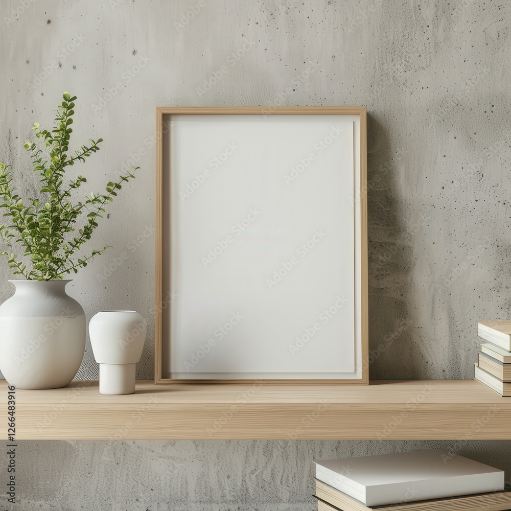 Blank picture frame mockup on a wooden shelf with vases and books. against a raw concrete wall Blank picture frame mockup on a wooden shelf with vases and books. against a raw concrete wall