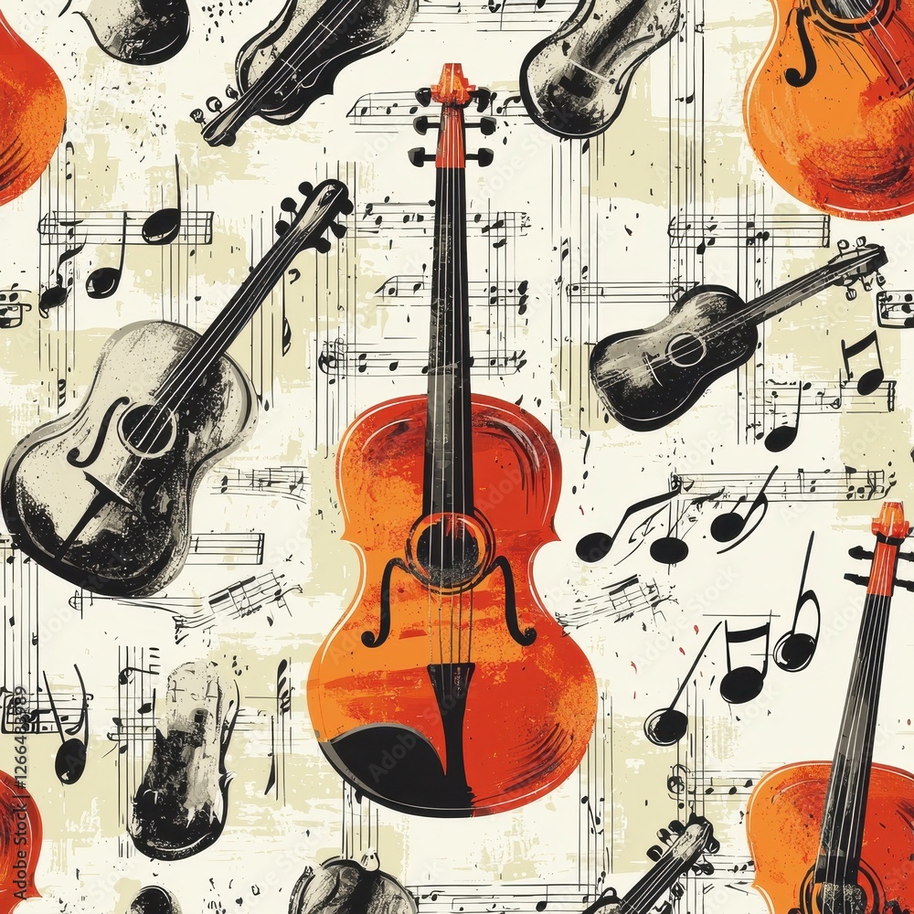 Naklejka premium Seamless Pattern of Musical Instruments and Notes in Bright Colors