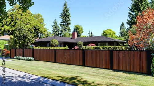 Suburban home with modern wooden fence, manicured lawn, and street view photo