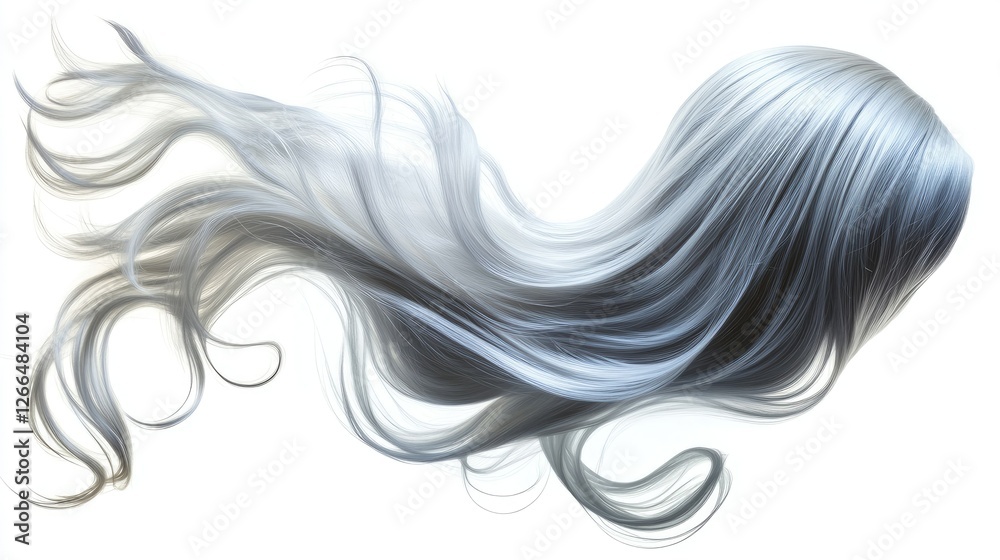 A modern silver wig with flowing strands, designed for a sleek and polished hairstyle, isolated on white. A modern silver wig with flowing strands, designed for a sleek and polished hairstyle, isolated on white.