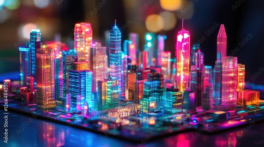 A neon-lit 3D smart city model built on a circuit board, representing digital innovation and AI. A neon-lit 3D smart city model built on a circuit board, representing digital innovation and AI.