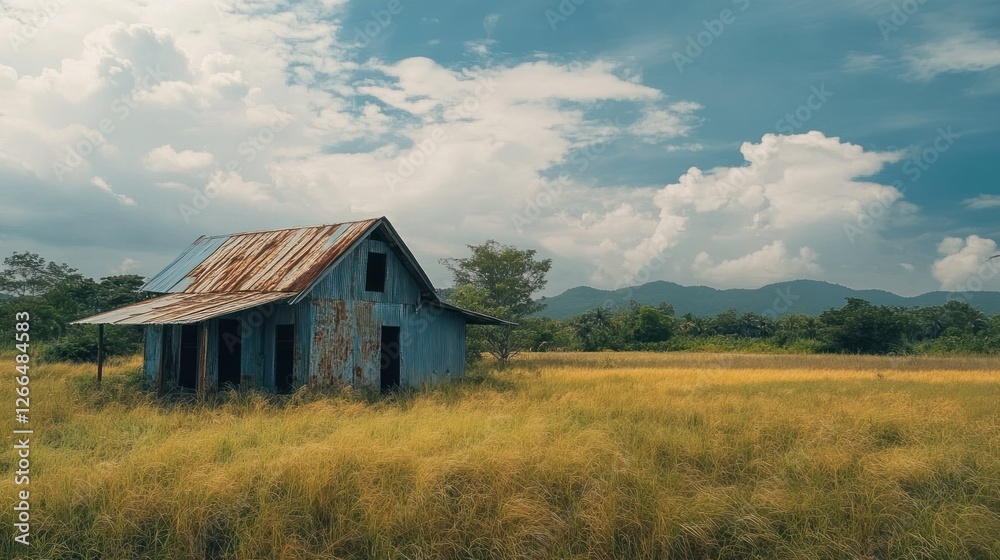 A rustic, weathered house stands in a golden field under a dramatic sky. A rustic, weathered house stands in a golden field under a dramatic sky.