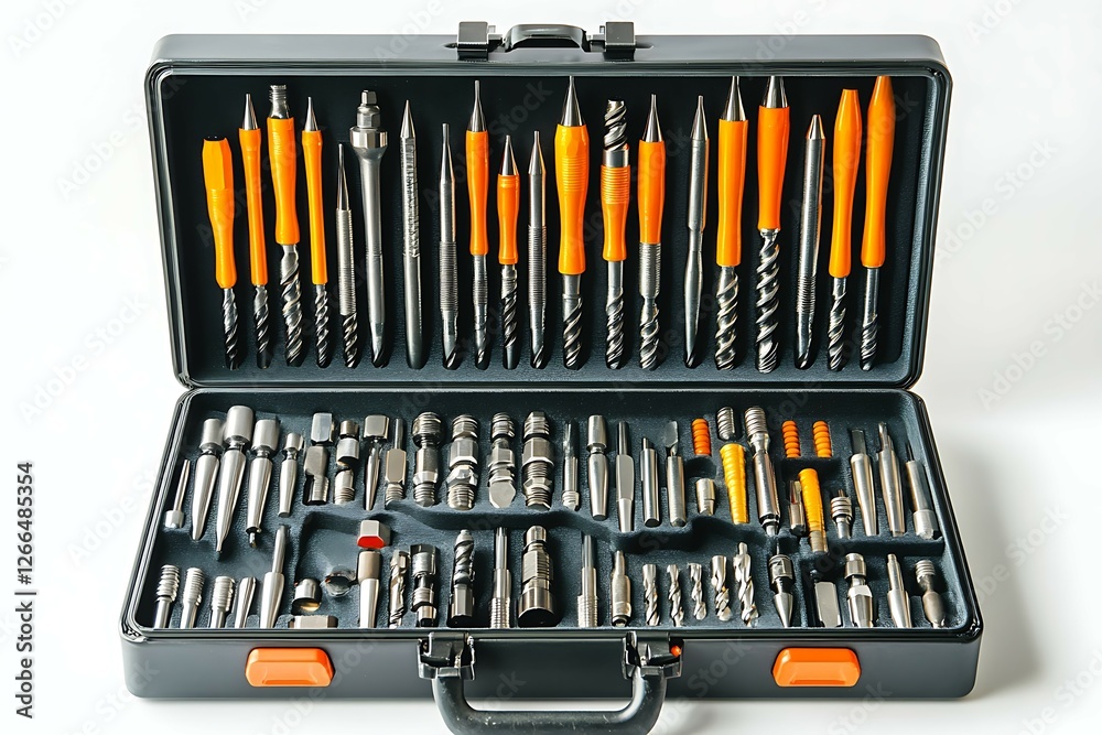 A set of tools in the case on a white isolated background. A set of tools in the case on a white isolated background.