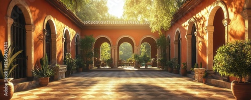Spanish hacienda, sunlit arches and courtyard, 3D illustration