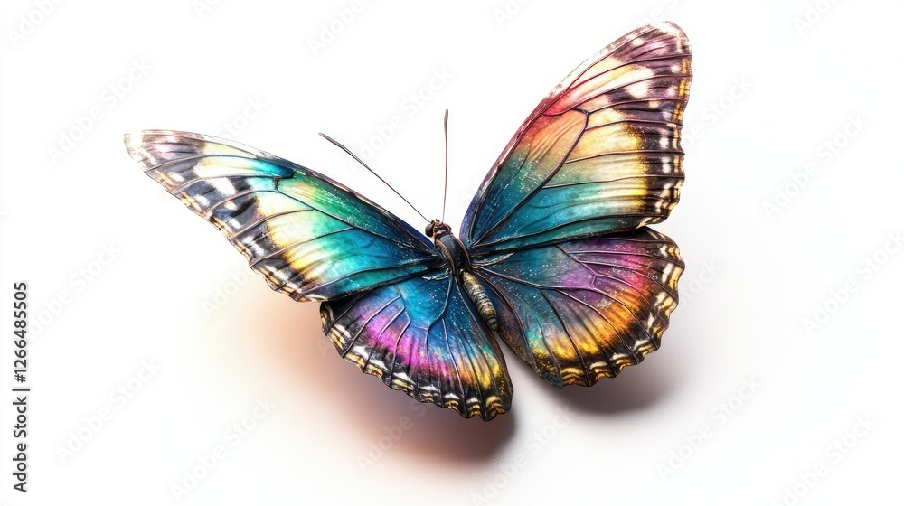 Obraz premium A stunningly beautiful butterfly with a metallic rainbow sheen on its wings, floating on a white background.