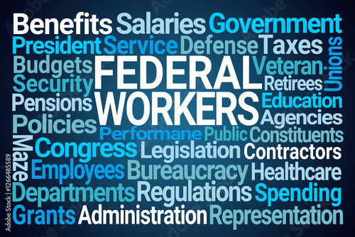 Federal Workers Word Cloud on Blue Background