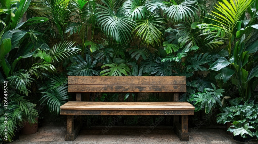 Obraz premium A stylish wooden bench framed by vibrant tropical leaves, offering a peaceful and cozy seating area.