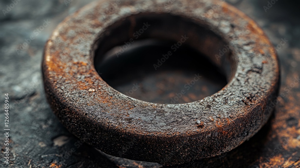 Detailed Close-Up of Rusty Circular Metal Washer on Dark Background Detailed Close-Up of Rusty Circular Metal Washer on Dark Background