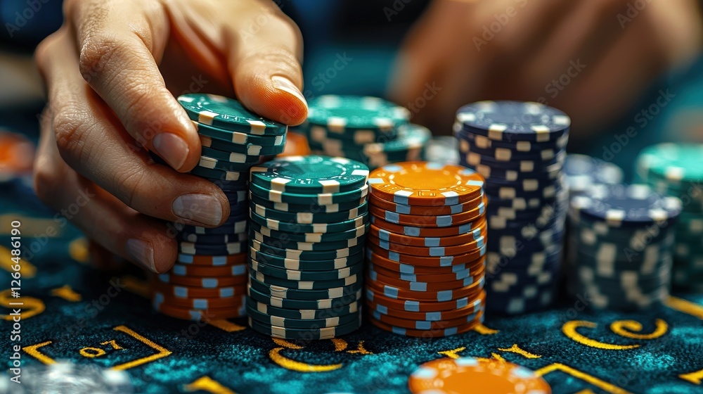 A close-up of stacked poker chips on a gaming table, indicating a casino setting. A close-up of stacked poker chips on a gaming table, indicating a casino setting.