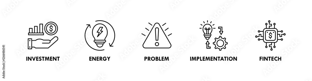 Business banner web icon illustration concept with icon of investment, energy, problem, implementation, and fintech Business banner web icon illustration concept with icon of investment, energy, problem, implementation, and fintech