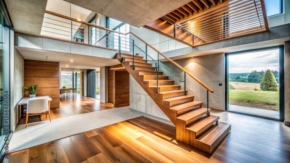 Fototapeta premium Drone's-eye view: modern architecture's minimalist staircase, wood meets concrete.