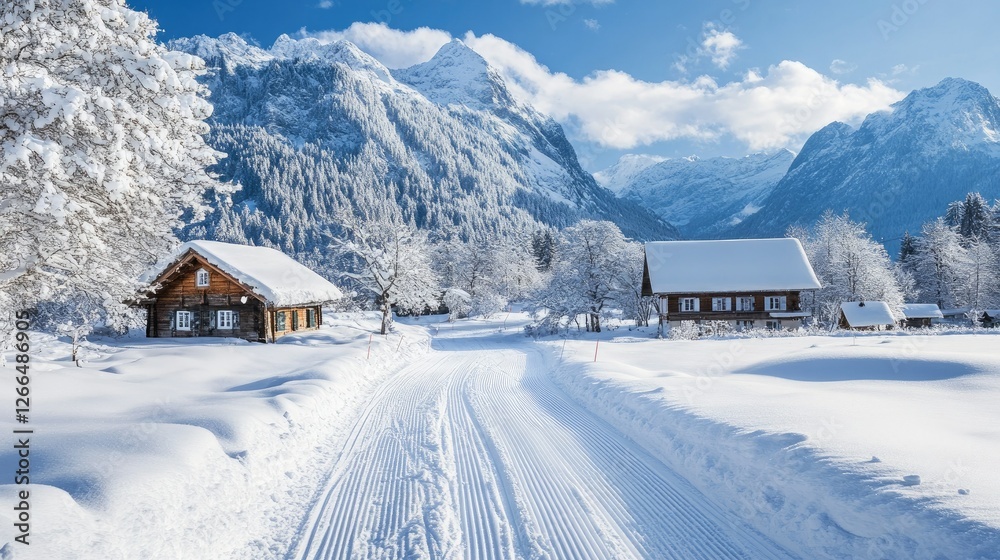 A winter paradise with pristine ski tracks leading through powdery snow, set against a peaceful alpine backdrop. A winter paradise with pristine ski tracks leading through powdery snow, set against a peaceful alpine backdrop.