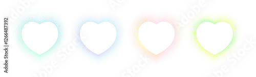 Set of abstract gradient heart shape isolated on white backgrounds. Collection colorful blend mesh lines with soft neon light color. Heart frames for Valentine day banner promotion design.