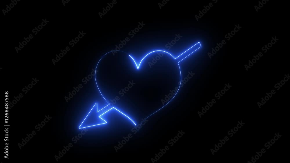 Effects of dynamic glow of the contour of a heart pierced by an arrow of cupid on a black background. Glowing neon line Amour symbol with heart and arrow icon isolated on black background. Effects of dynamic glow of the contour of a heart pierced by an arrow of cupid on a black background. Glowing neon line Amour symbol with heart and arrow icon isolated on black background.