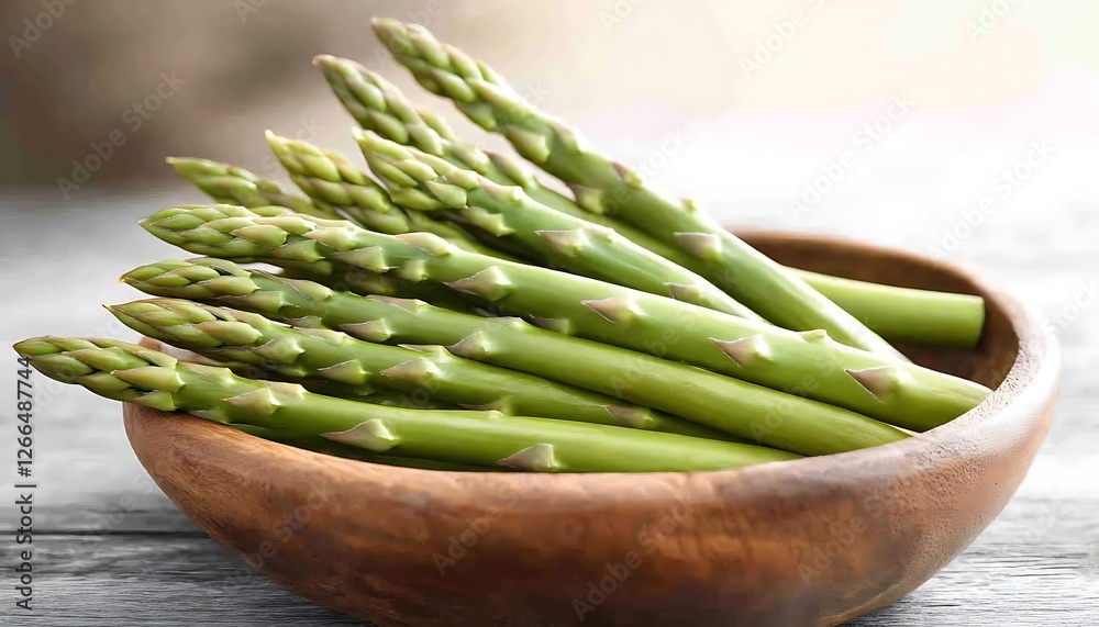 Asparagus Spears in Wooden Bowl on Table. Sunny soft background. For recipe blog Asparagus Spears in Wooden Bowl on Table. Sunny soft background. For recipe blog