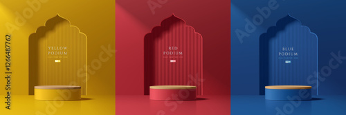 Set of 3D red, blue and yellow product podium background. Ramadan Kareem concept. Abstract composition minimalist design. Studio display showroom product pedestal, Fashion stage showcase mockup scene.