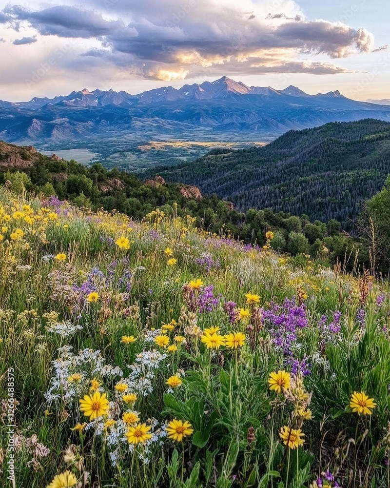 Fototapeta premium Blooming wildflowers with mountains and golden sunset hiking, vacation, and summer concepts