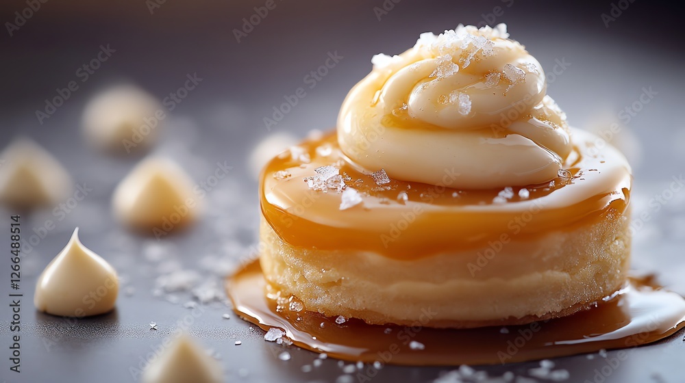 Delicious Caramel Cake with Cream Topping and Sea Salt Decoration Delicious Caramel Cake with Cream Topping and Sea Salt Decoration