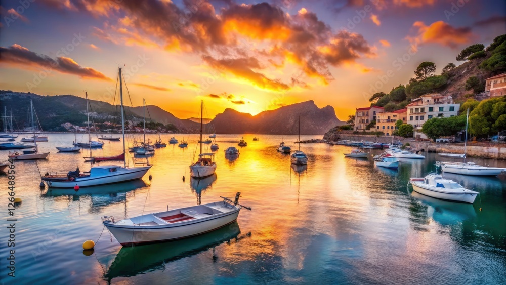 Experience Mallorca's magic: Sant Elm's sunset paints the calm Mediterranean, sailing boats at anchor near a charming village. Experience Mallorca's magic: Sant Elm's sunset paints the calm Mediterranean, sailing boats at anchor near a charming village.