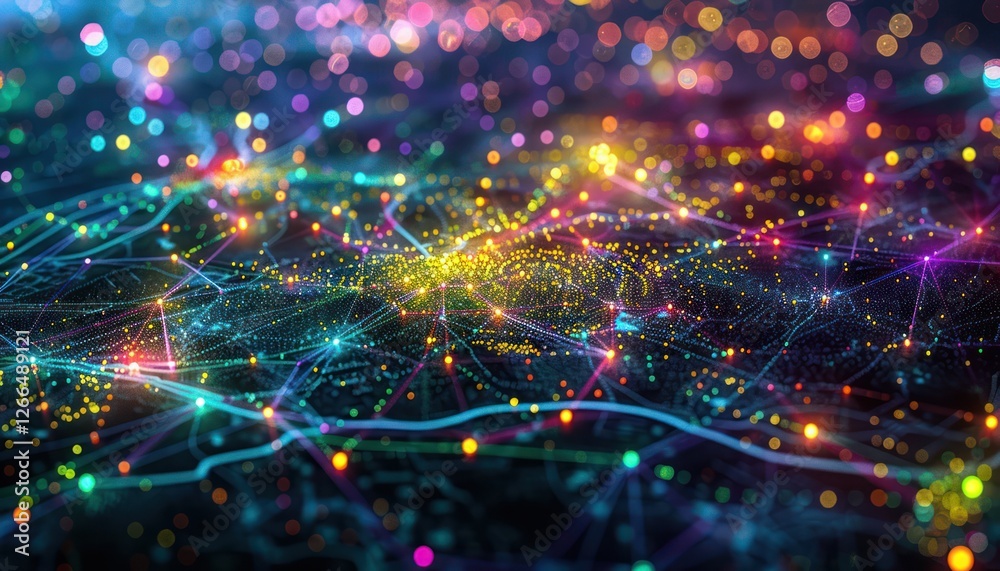 Fototapeta premium World night view futuristic international telecommunication network, concept about global connection and information, background with colourful dynamic gradient line flows connecting cityspace