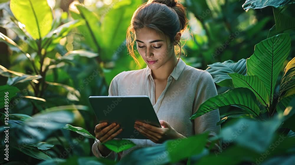 Standing in the centre of lush green vegetation in a botanical garden is a businesswoman holding a tablet.