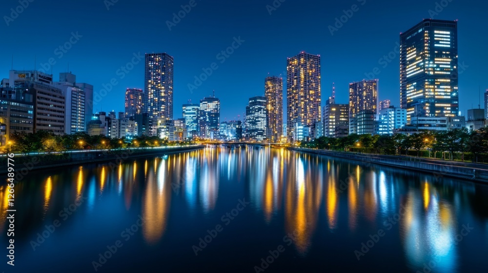 Nighttime skyline of modern Tokyo, with high-rise buildings shining brightly and reflections on the streets. Nighttime skyline of modern Tokyo, with high-rise buildings shining brightly and reflections on the streets.