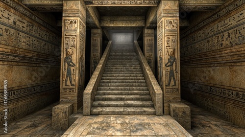 Ancient Egyptian temple stairs, hieroglyphs, vast chamber, possible use adventure game scene