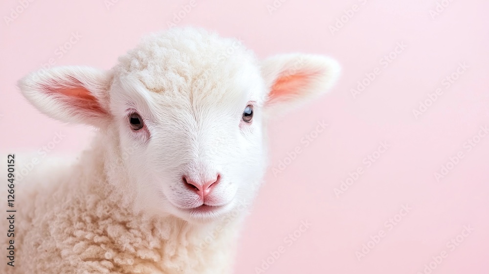 Fototapeta premium Cute white lamb looks directly at the camera in a close-up portrait against a pastel pink background.