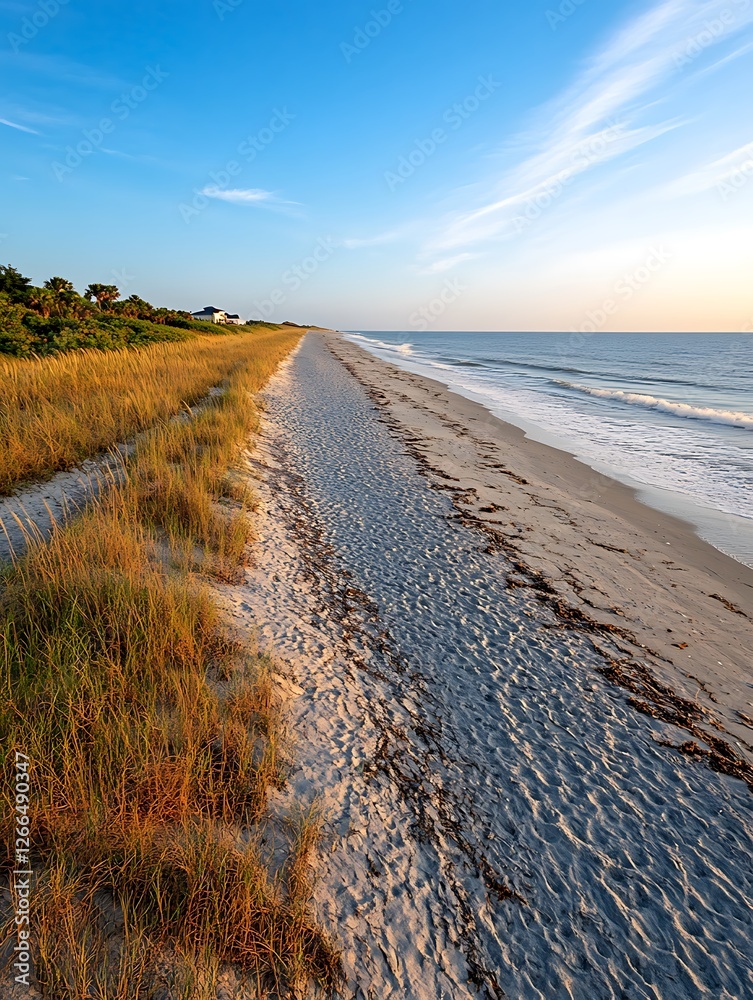 Beach view with tall grass and a blue sky along the shoreline; background for vacation or travel website Beach view with tall grass and a blue sky along the shoreline; background for vacation or travel website