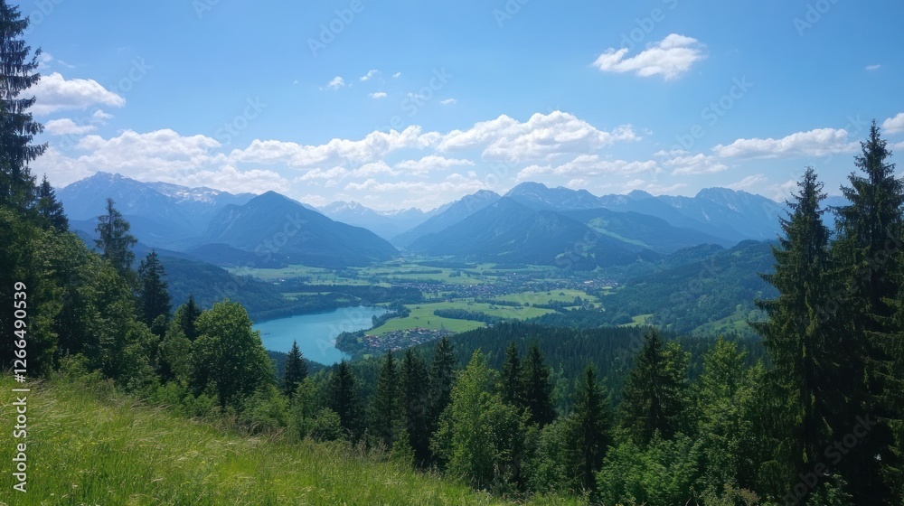 Fototapeta premium A scenic view of mountains and a lake under a clear blue sky.