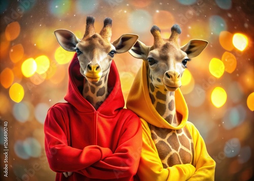Fototapeta Naklejka Na Ścianę i Meble -  Funny giraffe fashion!  Bokeh-blurred wildlife photo showcasing red & yellow hoodies, a playful animal portrait.