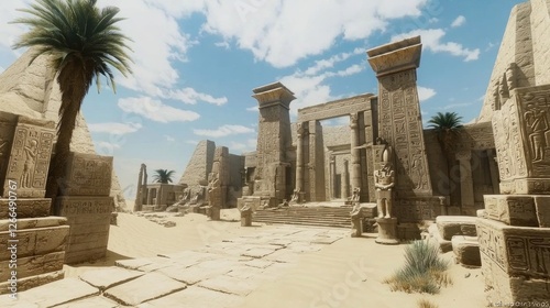 Ancient Egyptian temple ruins, desert landscape, sunlit scene, exploring