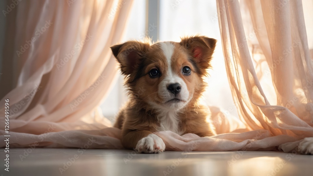 A cute puppy lying on the floor near soft curtains, capturing a serene moment. A cute puppy lying on the floor near soft curtains, capturing a serene moment.