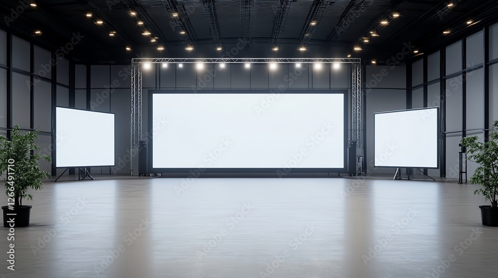 Spacious modern hall with large screens and minimal decor, ideal for presentations and events. Spacious modern hall with large screens and minimal decor, ideal for presentations and events.