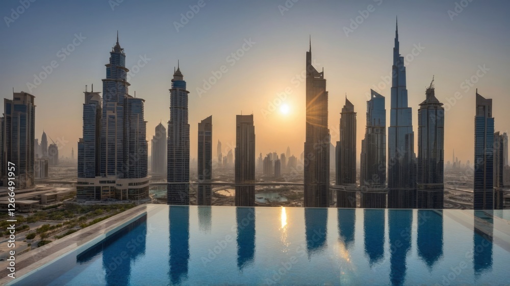 Obraz premium Sunset Cityscape Reflection in Infinity Pool