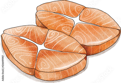 A watercolor illustration of fresh salmon steak slices with delicate textures and natural orange hues. The fine details and smooth gradients make this artwork perfect for seafood lovers.