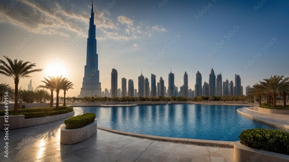 Obraz premium Sunrise Cityscape with Modern Skyscrapers and Pool