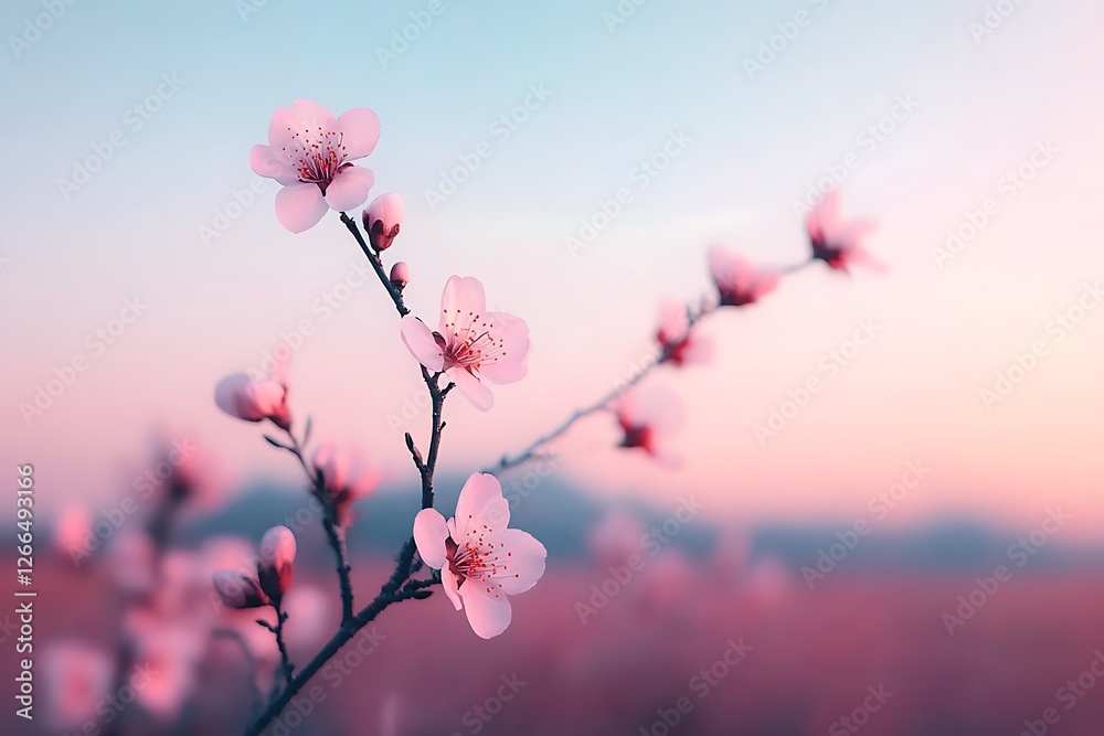 Blossom Branch at Dawn. Spring flowers bloom; pink sky, peaceful morning. Use for cards/nature designs Blossom Branch at Dawn. Spring flowers bloom; pink sky, peaceful morning. Use for cards/nature designs