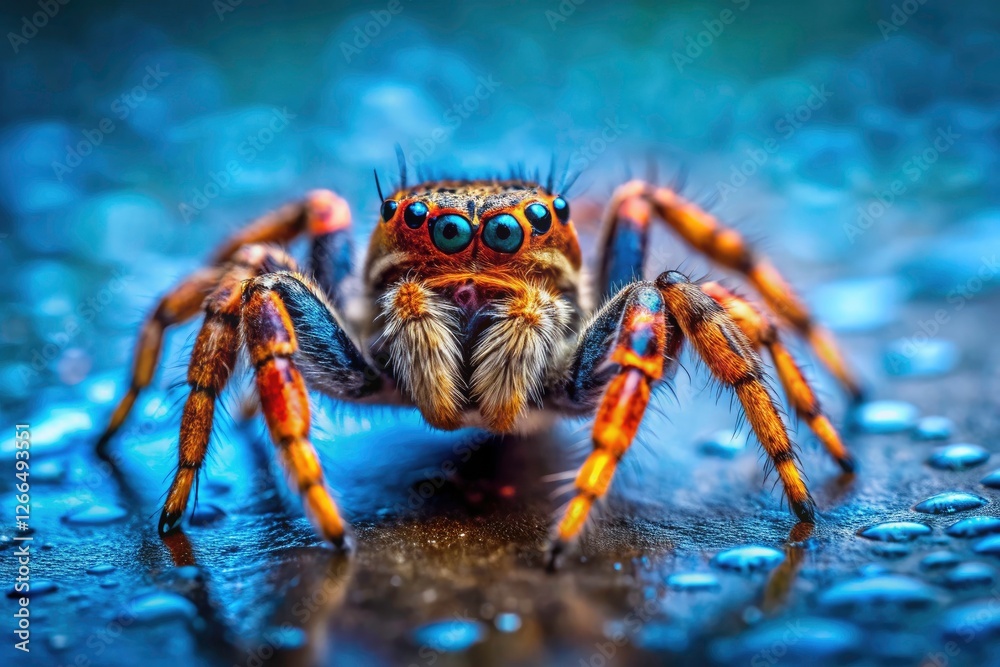 High-detail macro captures a jumping spider's intricate features against a blurred blue concrete backdrop. High-detail macro captures a jumping spider's intricate features against a blurred blue concrete backdrop.